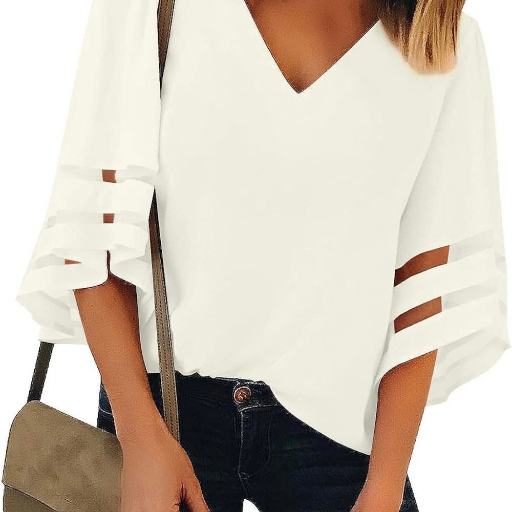 Amazon White Women’s XL Casual V Neck Mesh Panel 3/4 Bell Sleeve Loose Blouse